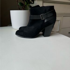 Black suede high heel side zip bootie
